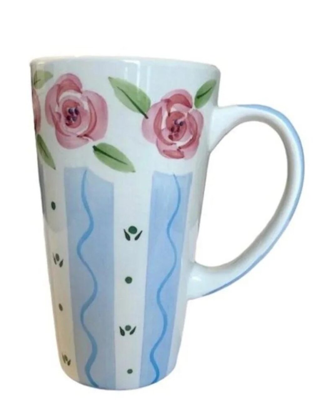 Hand Painted Roses and Stripes Floral Latte Mug - 20oz